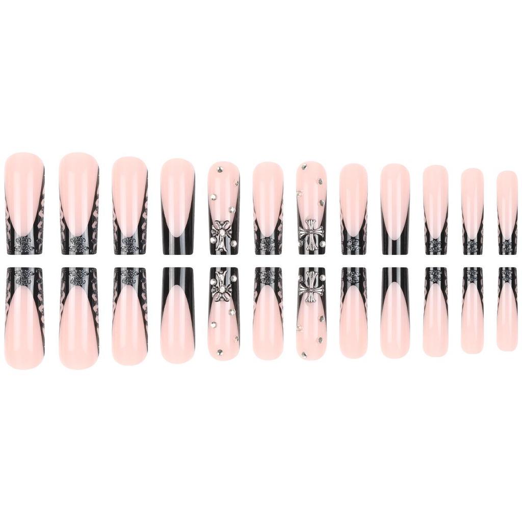 Черные французские полые накладные ногти со стразами - Набор из 24 штук