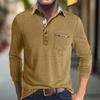 Мужская весенне-осенняя однотонная футболка с лацканами, 3 пуговицы, открытая планка и пуговицы, топ с длинными рукавами