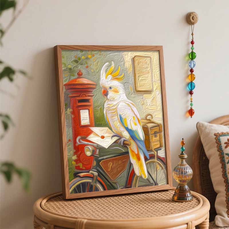 Oil painting DIY digital painting handpainted living room hallway decorative wall hanging parrot and bicycle postal style art