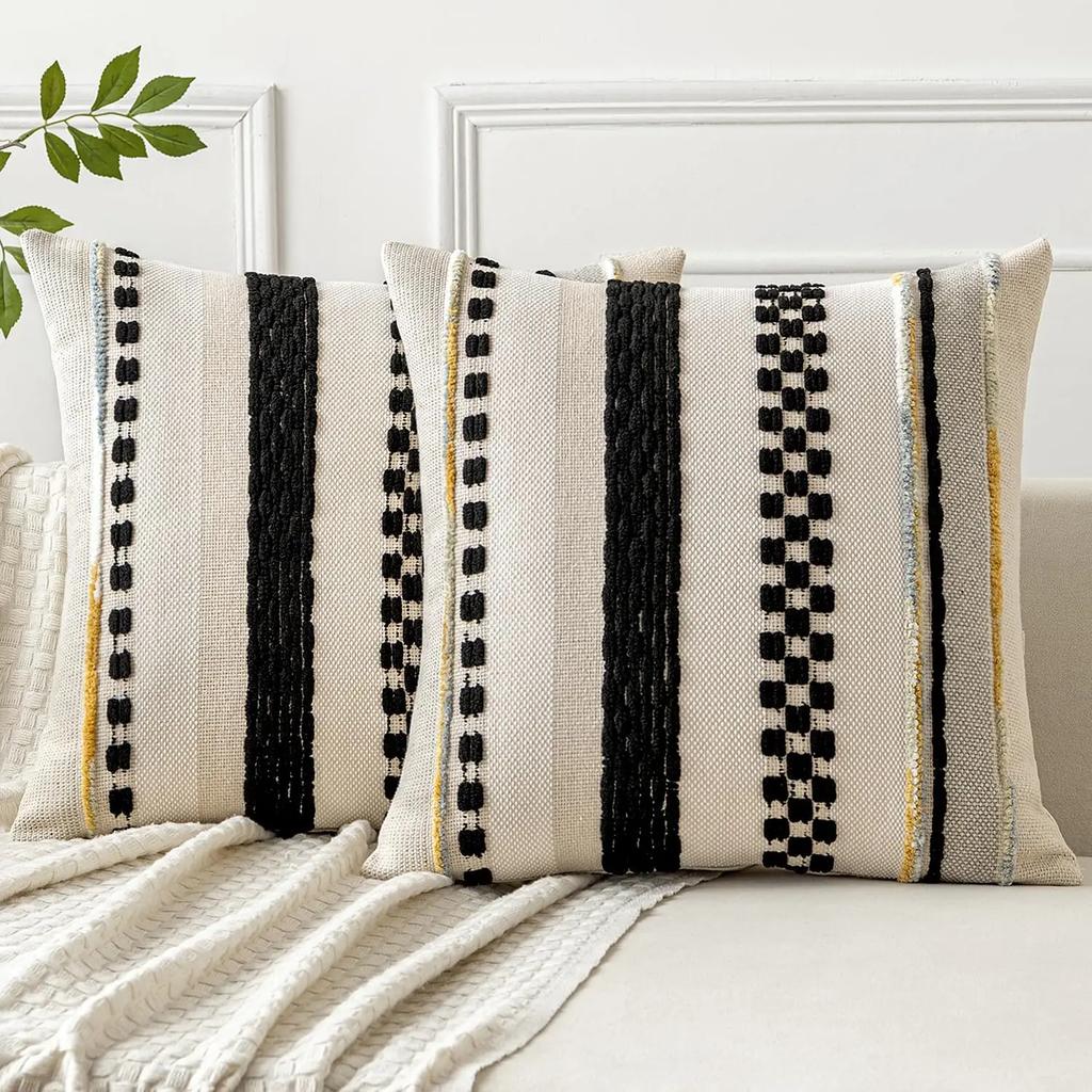 Black Boho Throw Pillow Covers 18x18 Inch Cushion Cases Multicolor Striped Chenille Pillow Covers Accent Pillowcase for Sofa