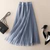 Spring Summer Solid Color Pleated Mesh Skirt Women Classic High Waisted Shirring Slim Temperament Casual Lady Midi Skirt