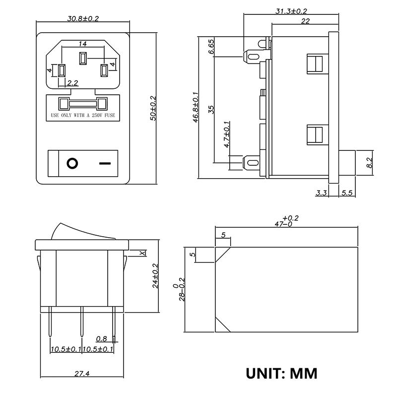 10A 250V Red LED KCD3 Rocker Switch 3 Pins lEC320 C14 Panel Mounted AC Inlet Module Power Socket Connector Plug