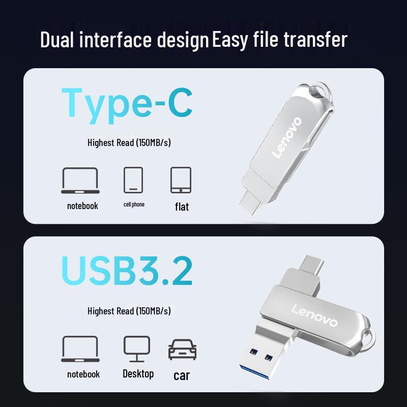 Lenovo Металлическая поворотная флешка с двойным интерфейсом USB 3.2 Type-C
