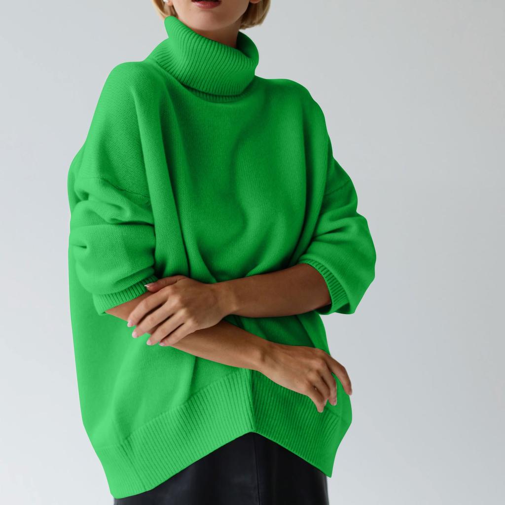 Women's Turtleneck Sweater Solid Color Loose Long Sleeved Jumper Knitted Sweater Soft Pullover