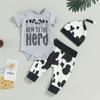 Baby 3Pcs Summer Outfits, Short Sleeve Romper + Cow Print Pants + Knot Hat Set Newborn Clothes