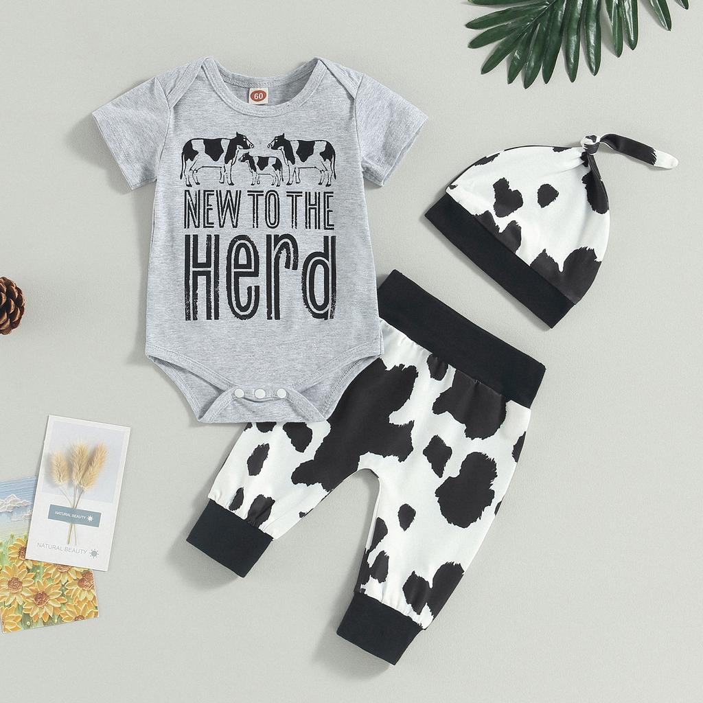Baby 3Pcs Summer Outfits, Short Sleeve Romper + Cow Print Pants + Knot Hat Set Newborn Clothes