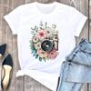(Asian Size) Tee Top Woman Female Short Sleeve Clothing Camera Lovely Flower Trend Print Fashion Graphic T-shirts Women T Shirt