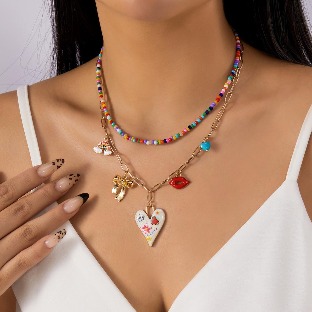 Romantic Heart Pearl Choker Necklace With Cherry And Strawberry Charms For Girls