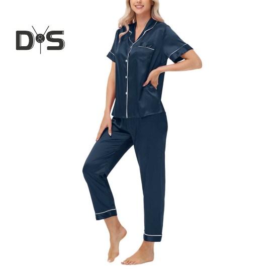 Пижамный костюм из 2 предметов, однобортный, из атласа, шелка, большого размера, кардиган, рубашка с V-образным вырезом, воротник-стойка, однотонная рубашка, широкие свободные брюки, ночная рубашка