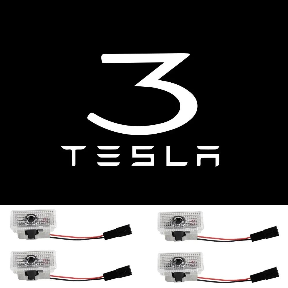 Car Sticker Tesla 4pcs/set For Tesla Model Y 3 S X Car Door LED Logo Projector puddle lights HD Welcome Light 3D Laser Ghost Sha