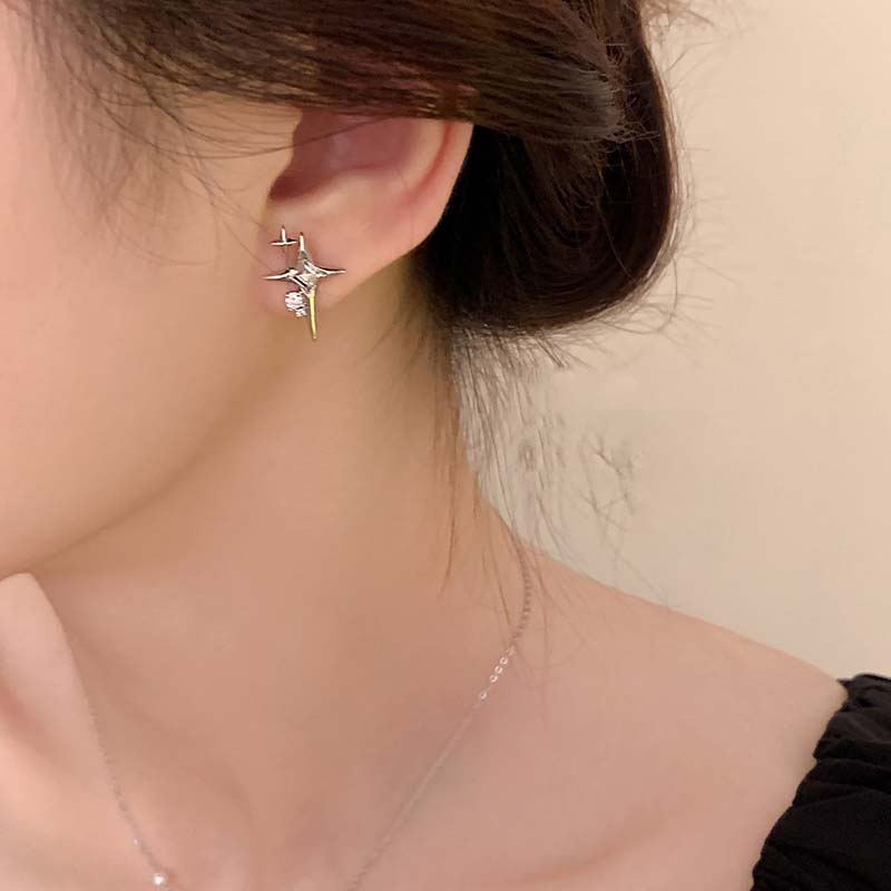2023 модные серебряные серьги-гвоздики с крестом и звездой из циркона для женщин и девочек, корейские серьги с четырехконечной звездой, индивидуальные серьги, ювелирные изделия