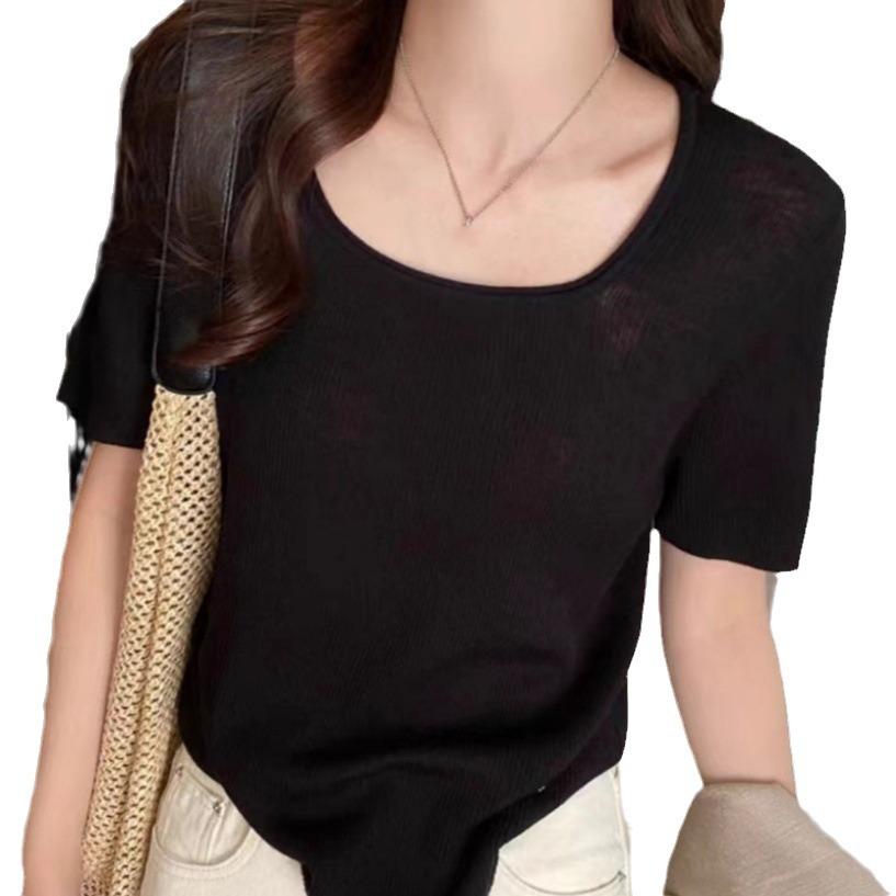 Трикотажный свитер, женская футболка с короткими рукавами и U-образным вырезом, дизайн Sense Niche, тонкая розовая рубашка, летняя повседневная модель Essential Slim Fit, пуловеры, футболки