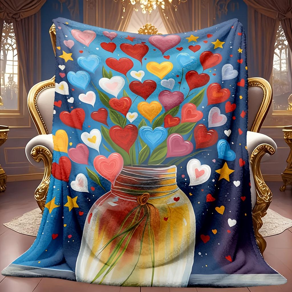 Cozy Heart Vase Design Fleece Throw Blanket with Soft High-Quality Digital Print, Ideal for All Seasons, Great Gift for Family And Friends, Made of 10