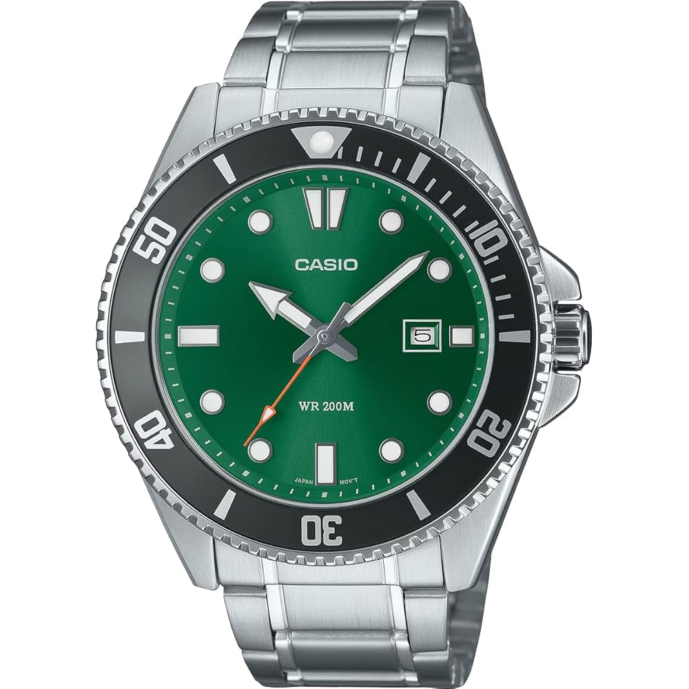 Casio Standard Analog Sports Watch 20 ATM Water Resistant Green Dial Metal Band Men's