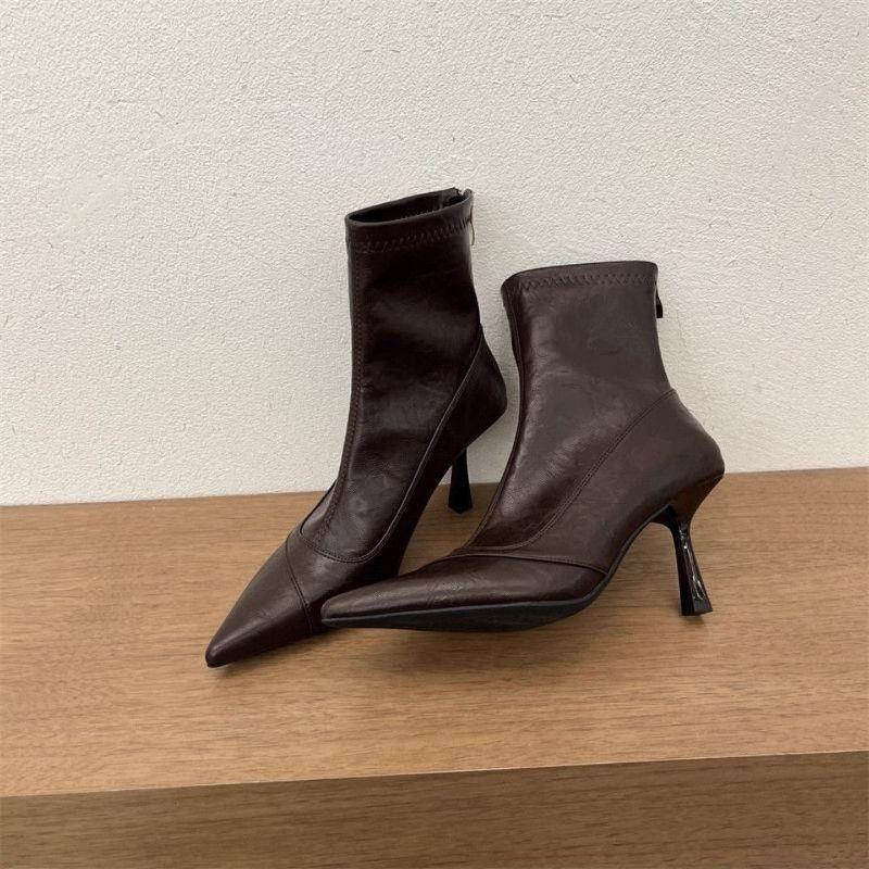 Retro temperament stacking boots temperament short high heels fashion boots rear zipper thin short boots women