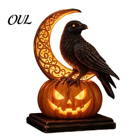 Halloween Night Light Decor Pumpkin Light, Resin LED Dragon Tabletop Lamp, Witch Festive Ornaments Hat Black Cat Crow Lamp for Home Table Mantel Cute