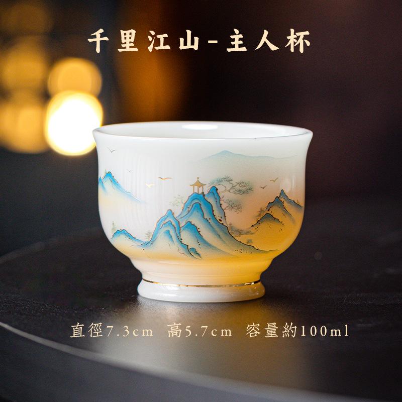 New ice seed jade single cup hand-painted Jiangshan flowers and birds Ba Jun picture tea set Chinese tea set accessories master cup