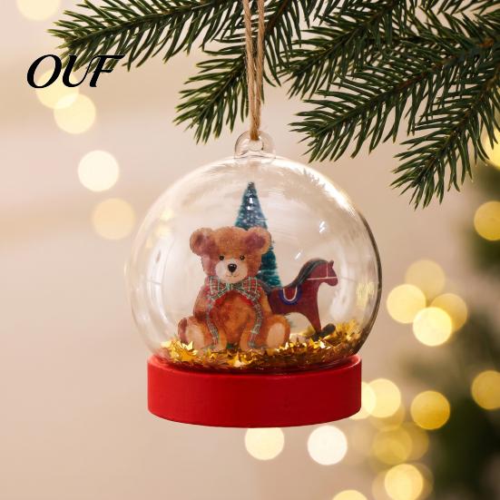 Christmas Tree Ornaments Crystal Ball Style Bear/Nutcracker Hanging Ornament, Transparent Spherical Gold Foil Embellishments Pendant with Miniature