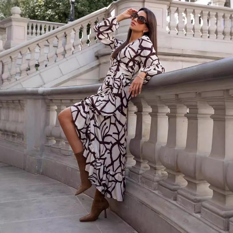 Осеннее женское платье с V-образным вырезом, длинным рукавом, нестандартным принтом
