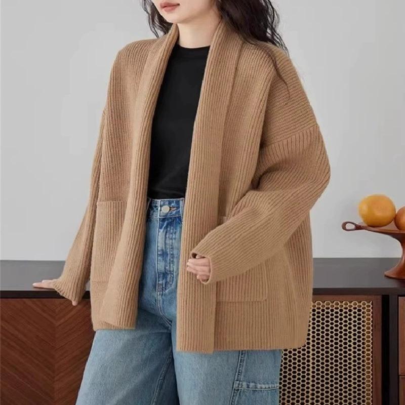 Retro Simple Casual V-neck Knitted Cardigan Women's Autumn and Winter New Versatile Loose Lazy Sweater Jacket