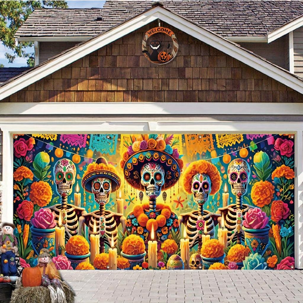 A colorful Mexican Day of the Dead flower and candle decorated garage door banner, polyester, suitable for Halloween