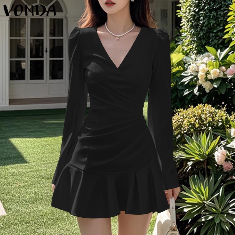 VONDA Женские элегантные платья с V-образным вырезом, плиссировкой и длинными рукавами, оборками по подолу