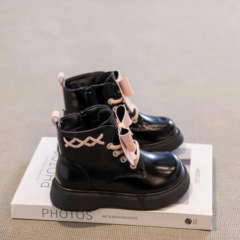 2024 Children Short Boots for Girls Winter New Fashion Sweet Bowtie Soft Bottom Anti-slippery Versatile Casual Side Zipper Shoes