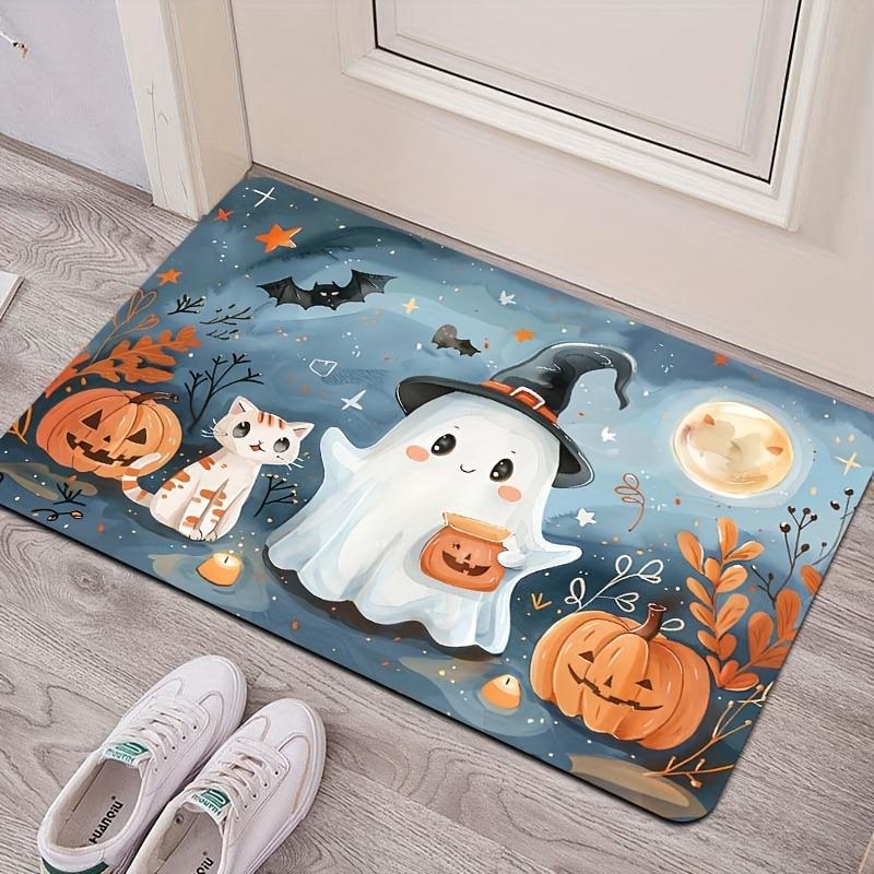 Halloween Cartoon Ghost & Pumpkin Head Cat Mat - Thickened Soft Non-Slip Floor Rug for Kitchen, Bedroom & Entrance Decor