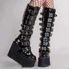 Fashion Punk Women Boots Cosplay Ladies High Heel Platform Wedges Women High Boots Gothic Buckle Strap Long Tube Leather Female Boots