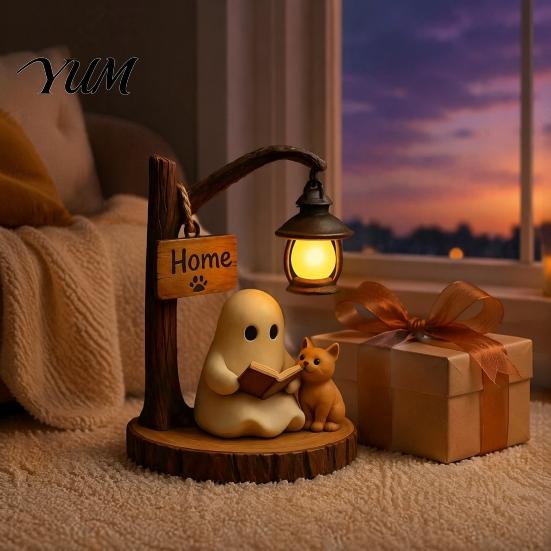 Mini Ghost Statue Halloween Reading Figurine, LED Light-up Street Light Resin with Statue, Cat Desktop Decoration for Holiday Party Book