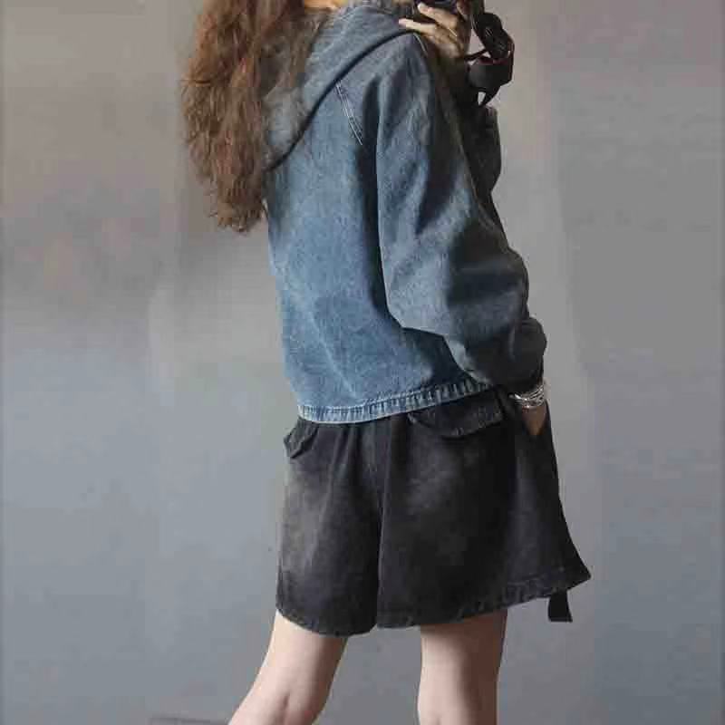 Autumn Retro Contrasting Hooded Washed Denim Sweatshirt Women Loose Versatile Sleeves Short