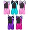 Kids Girls Sleeveless Printed Patchwork Leotard with Metallic High Waist Shorts Sets for Dancing Skating Gymnastics Jumpsuit