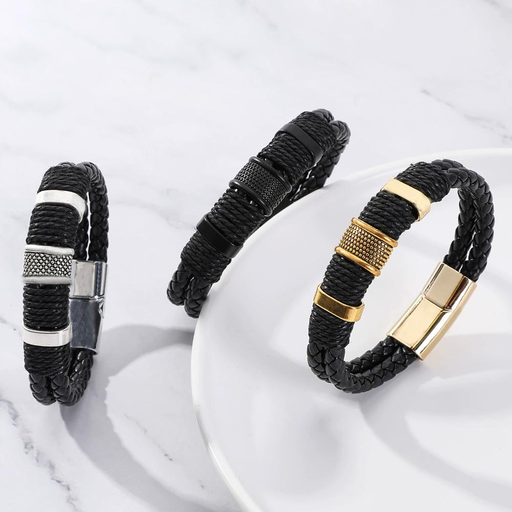 Leather Woven Bracelet Double-Layer Retro Trendy Punk Minimalist Texture Magnetic Buckle Men's Women's Bangle Couple Jewelry