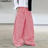 INCERUN Men Casual Loose Zip-up Waist Plaid Nonelastic Wide Legs Pants Long Trousers