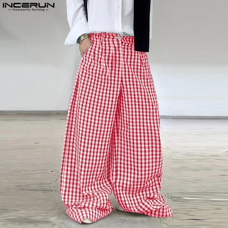 INCERUN Men Casual Loose Zip-up Waist Plaid Nonelastic Wide Legs Pants Long Trousers