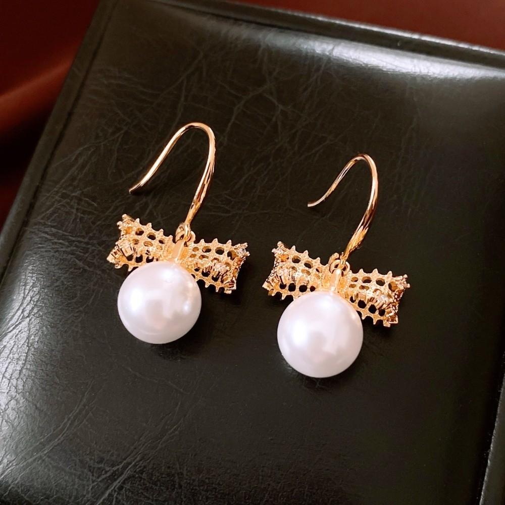 Shell Beads Bow Pearl Long Earrings Simulation Freshwater Pearl Ear Hook Drop Earrings Female