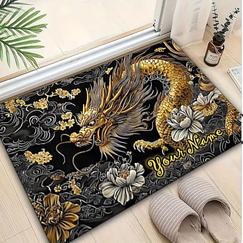 1PC Custom Name Golden Dragon Artwork Theme Floor Mat Ideal for Living Room, Game Rooms, Office, Bedroom,Floor Mat Playful Design