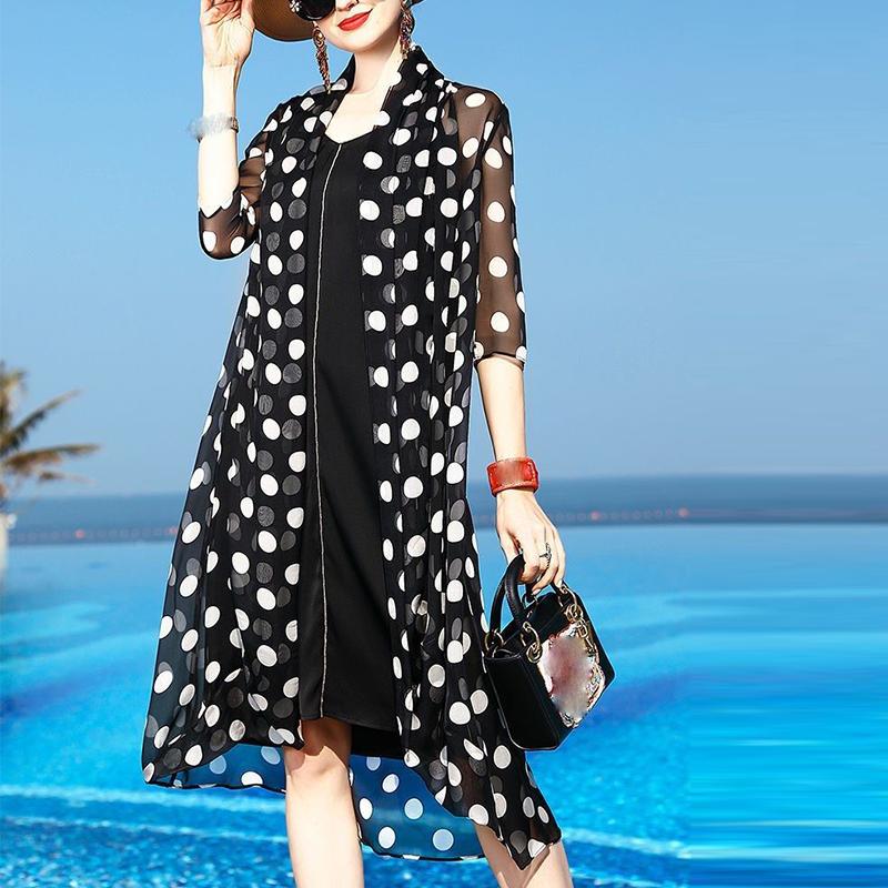 Spring Summer Mid Length Women's Thin Light Spotted Air-conditioned Shirt Draped Over A Shawl Sun Protection Long Sleeved Beach Jacket