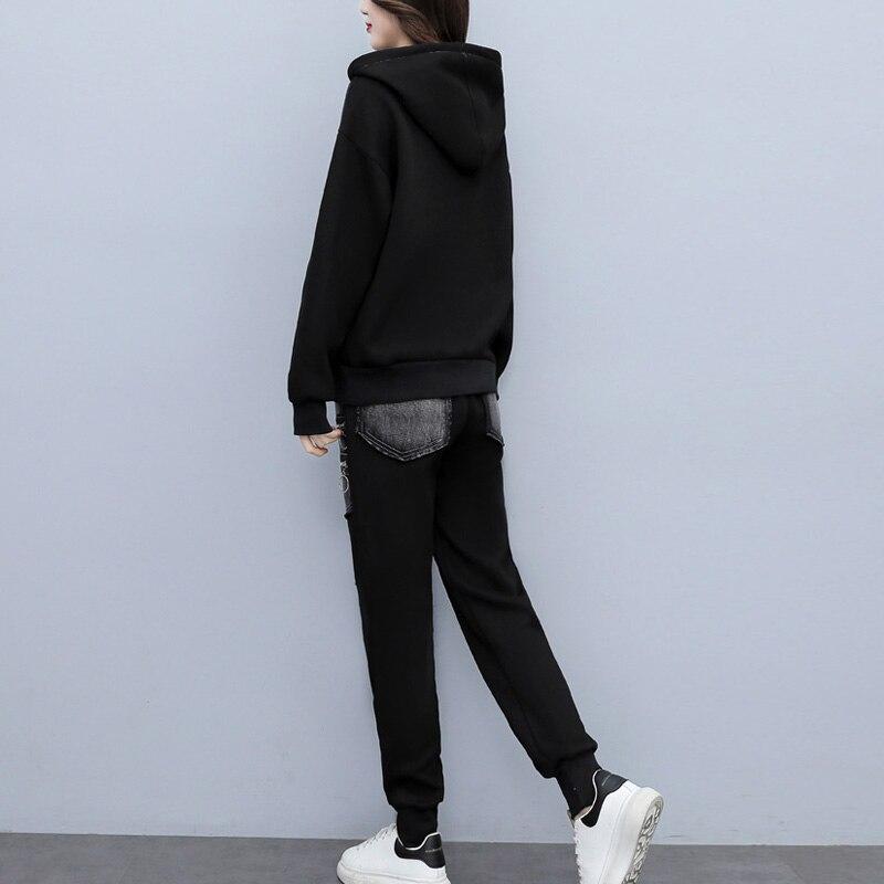 Spring Autumn Fashion Set Women's Versatile Loose and Slim Spliced Denim Hooded Long Sleeve Two Piece Printed Lady Clothing