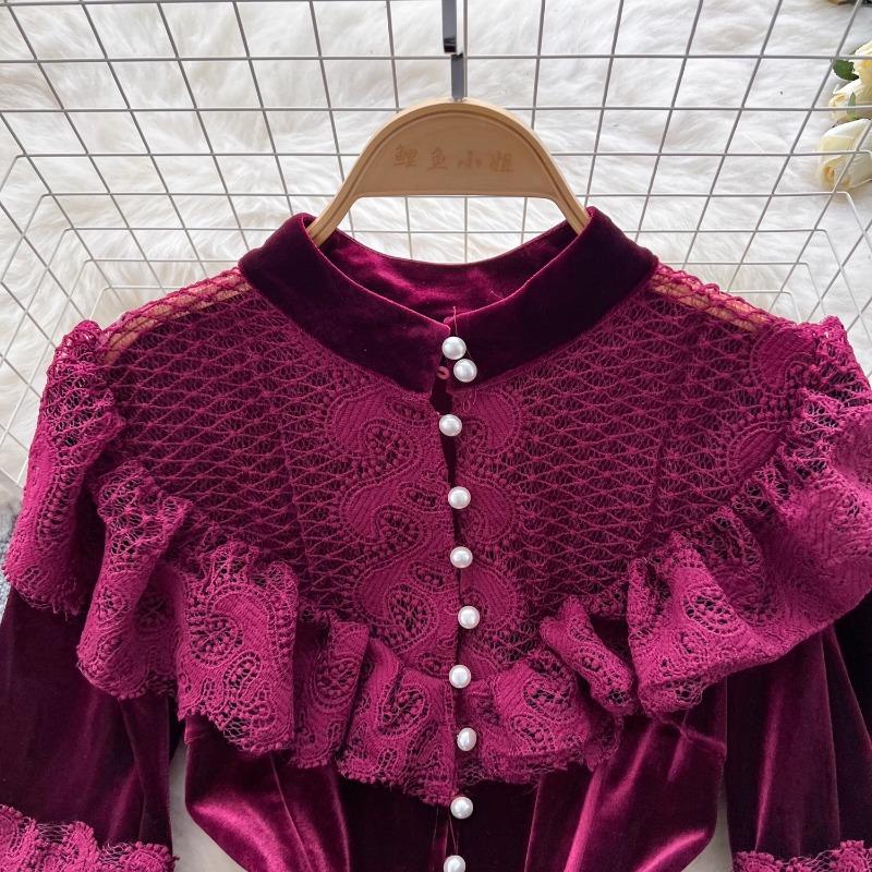 Платья High Street Женские ретро кружевные пэчворк золотые бархатные платья с французской жемчужной пряжкой длиной до талии винтажные шикарные платья