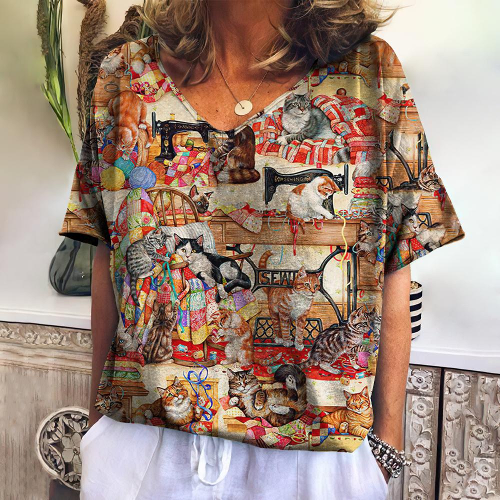 Винтажная женская одежда, футболки с милыми животными, женская одежда, повседневные футболки с короткими рукавами, пуловер большого размера с v-образным вырезом, уличная одежда