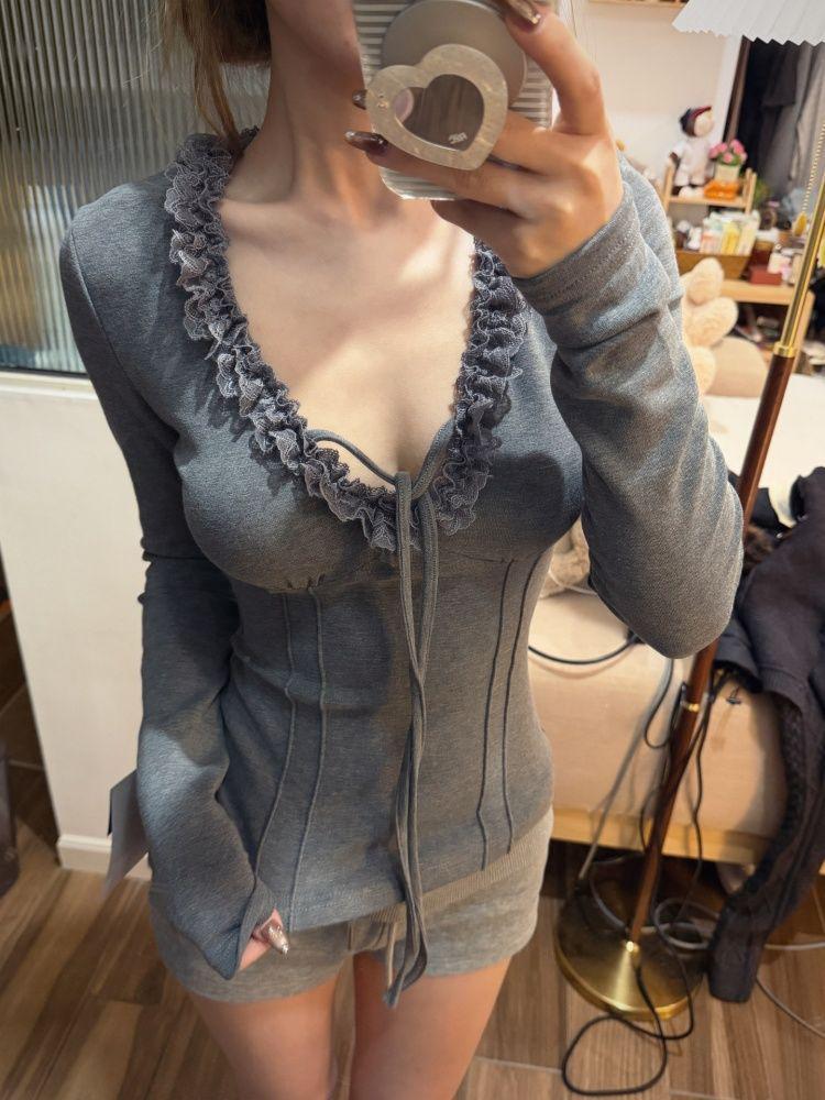 Женский термотоп в корейском стиле с V-образным вырезом, на шнуровке, с кружевной отделкой, с длинным рукавом