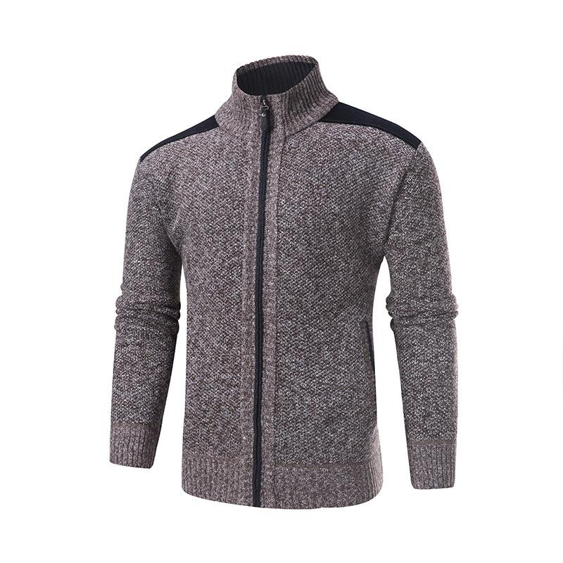 New Men's Fleece Thickened Knitted Jacket Stand-up Collar Splicing Knitted Sweater Cardigan Sweater Men's