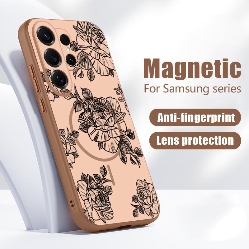 Магнитный Чехол Для Magsafe Для Samsung Galaxy S26 Ultra S25 Edge S24 Plus S23 FE S22 A54 A55 A56 5G Рисунок Розы Матовый Чехол