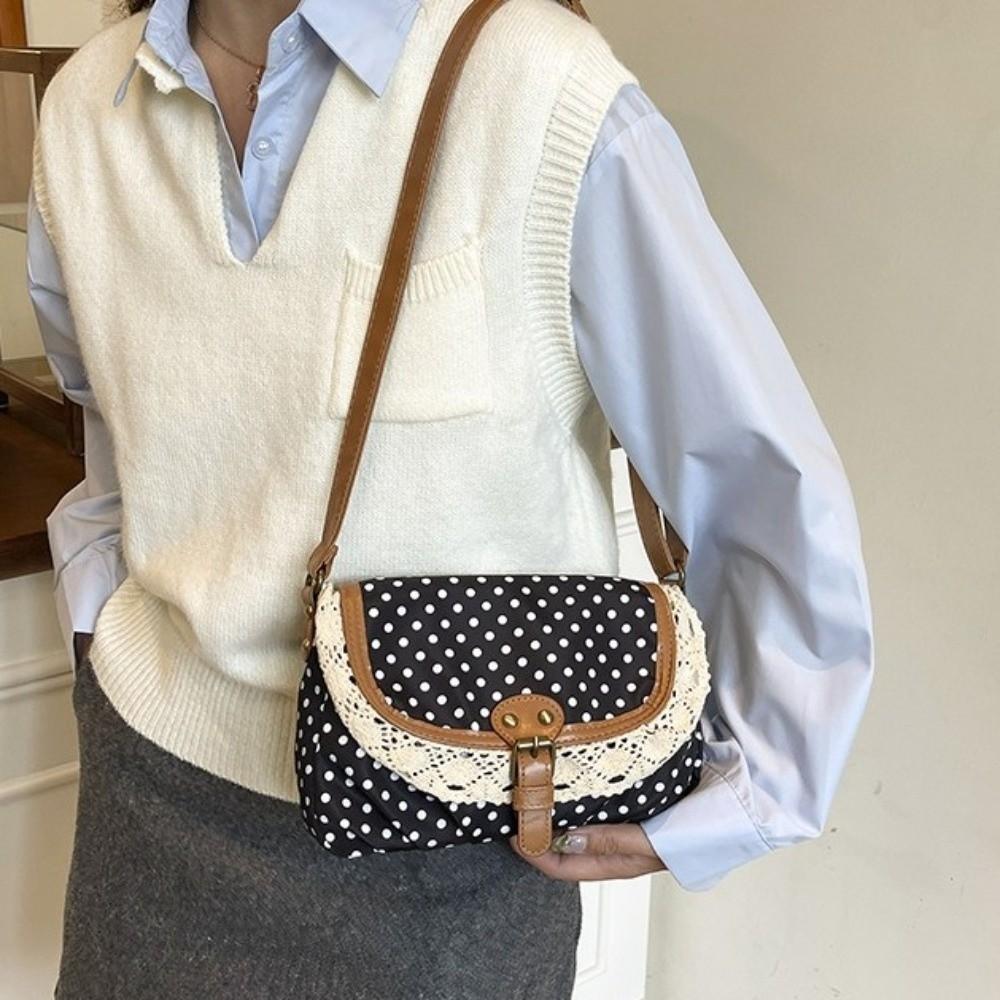 Sweet Lace Ladies Flap Crossbody Bag Polka Dots Vintage Canvas Sling Bag Daily Use