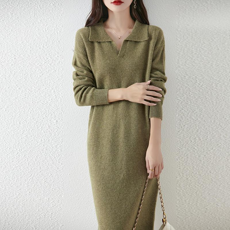 Женское платье-свитер 100% шерсть MODERN NEW SAGA V-образный вырез трикотажный длинный пуловер воротник поло зимние джемперы шерстяное длинное платье женское