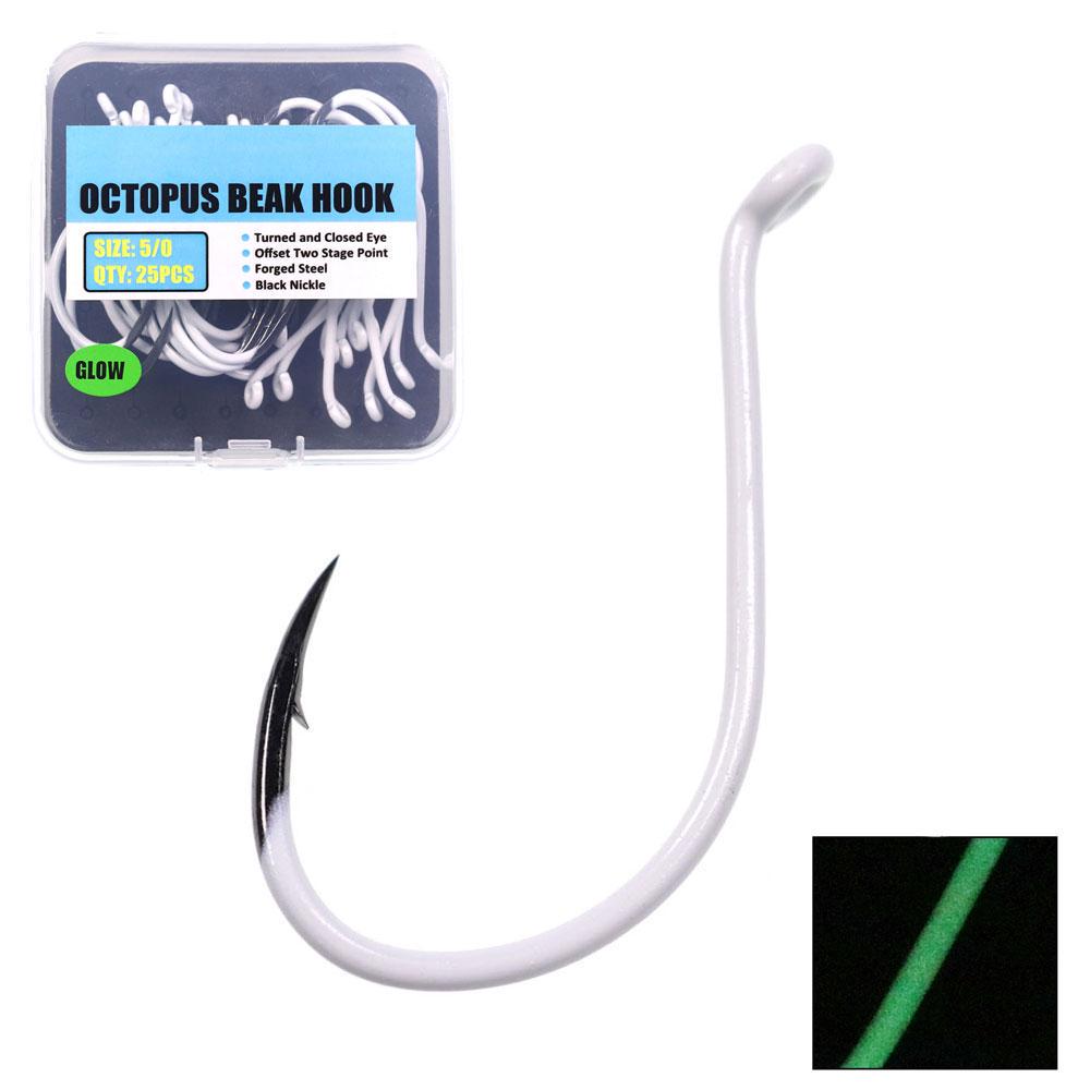 25pcs/box Luminous Imported Steel Octopus Beak Hook Offset Classica Bait Hooks Deep Sea Night Fishing Hook 3/0 4/0 5/0 6/0 7/0