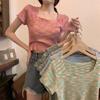 Women Summer Casual Short Sleeve Colorful Knitted Bare Midriff T Shirt Crop Top