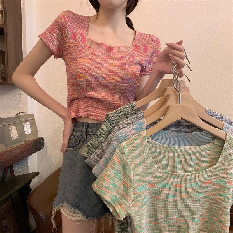 Women Summer Casual Short Sleeve Colorful Knitted Bare Midriff T Shirt Crop Top