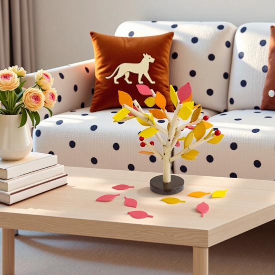 Wooden Building Block Tree Toy Fine Motor Skills Hand Eye Coordination Training Toddlers Educational Yellow Green Leaves Tree Assembly Toy with Base